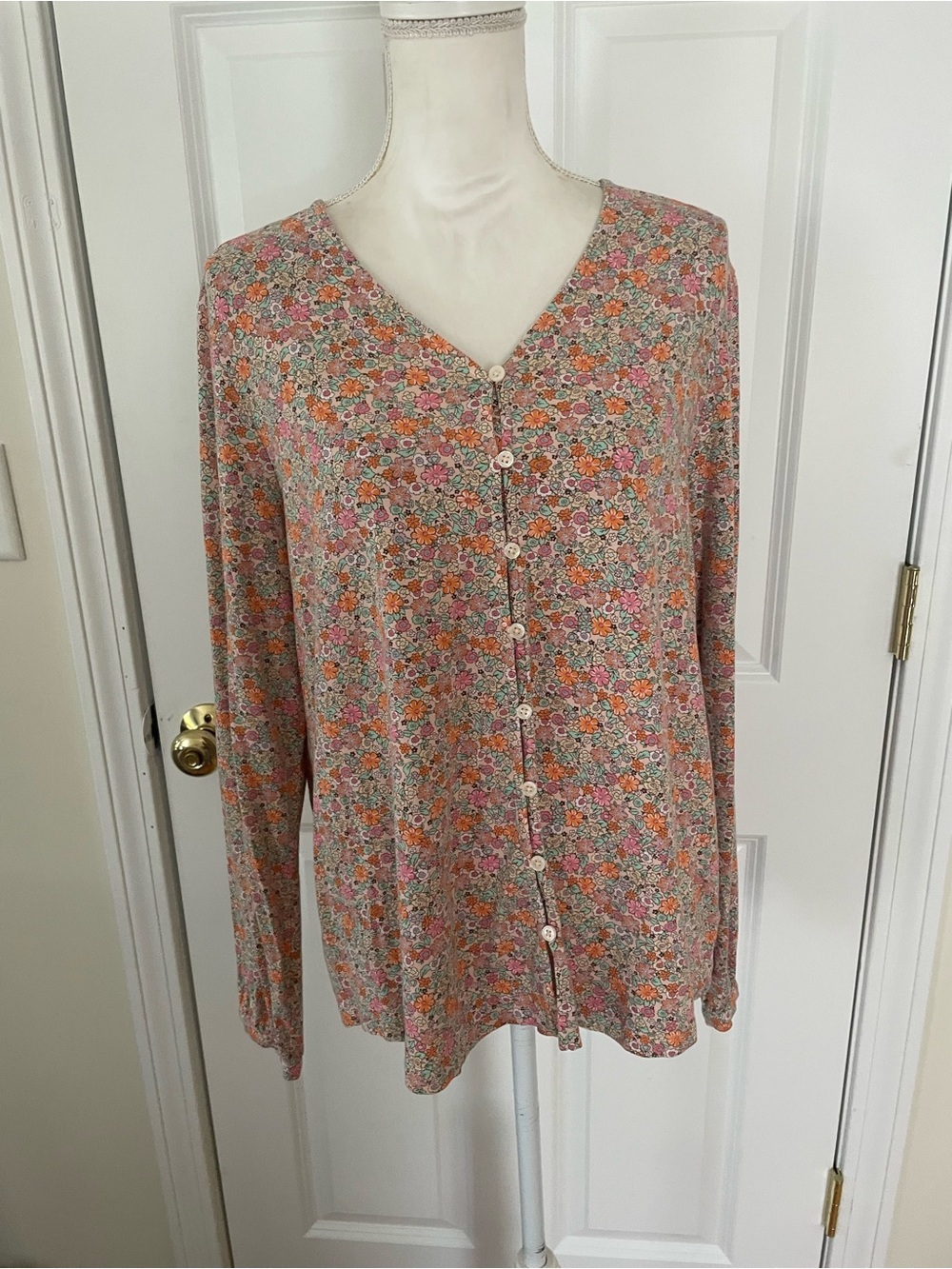 Lands' End Floral Button-Up Top in Peach, Mint & Coral